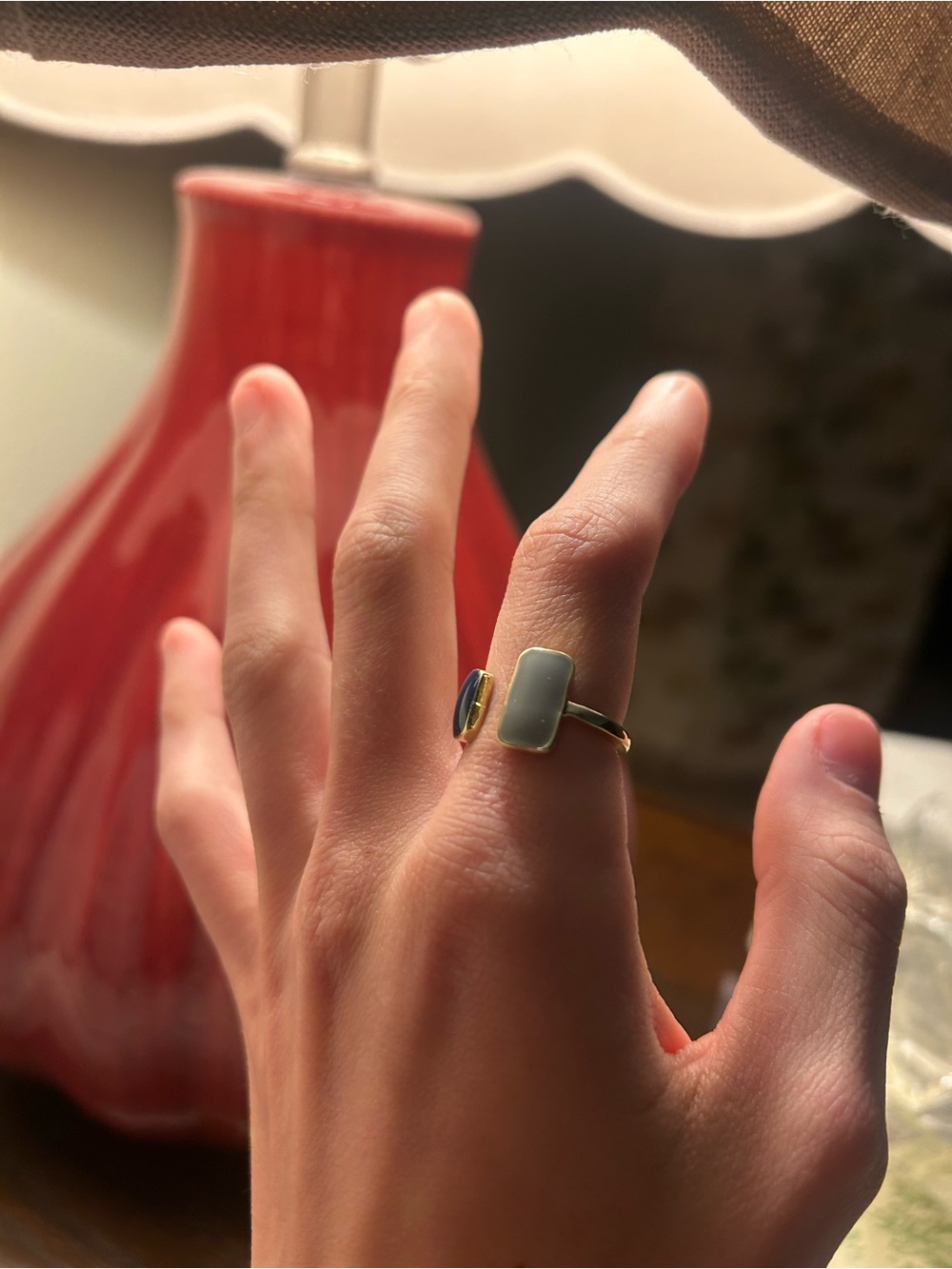 Gold Open Band Ring with Pale Green Rectangular Stone - Women Jewelry